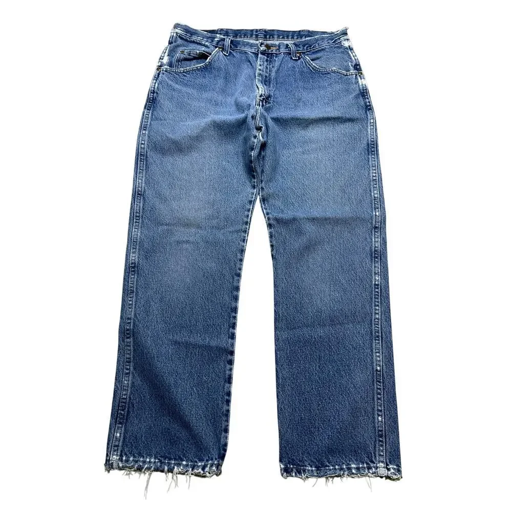 Vintage‎ Wrangler Jeans Mens Actual 34x28.5 Light Wash Straight Denim distress